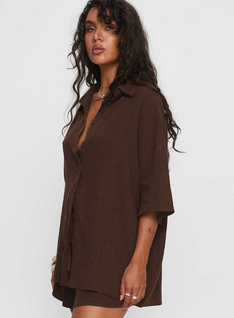 Peni Linen Button Down Top Chocolate