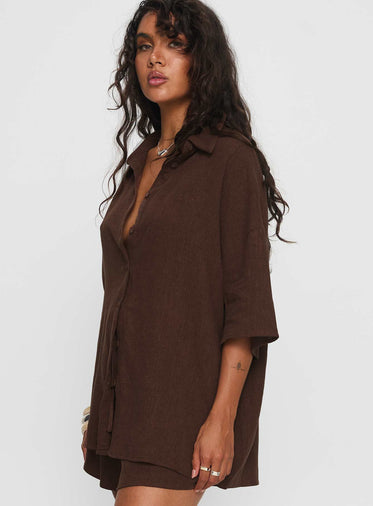Peni Linen Button Down Top Chocolate
