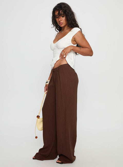 side view of model wearing Princess Polly Vianca Low Rise Linen Pant Chocolate High Waisted Pants 