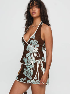 Anyah Tie Side Linen Skort Brown / Blue