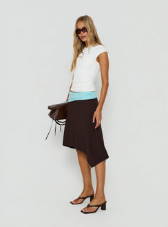 Showcasing the Suave Asymmetrical Contrast Midi Skirt Brown / Aqua womens-skirts in midi length side view of model wearing Princess Polly