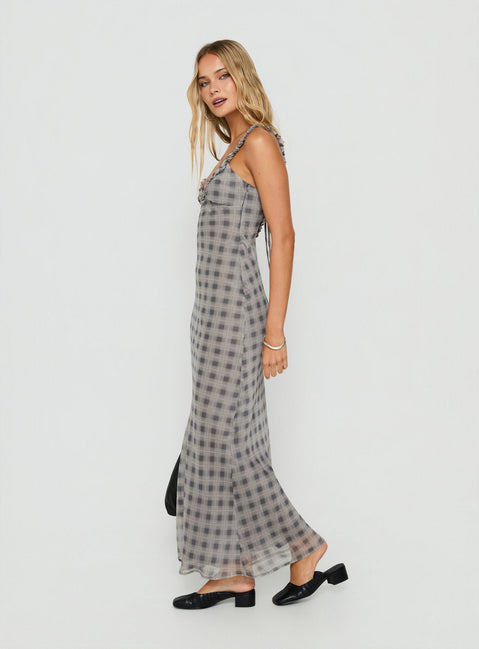 Baley Bias Cut Frill Maxi Dress Grey / White Check