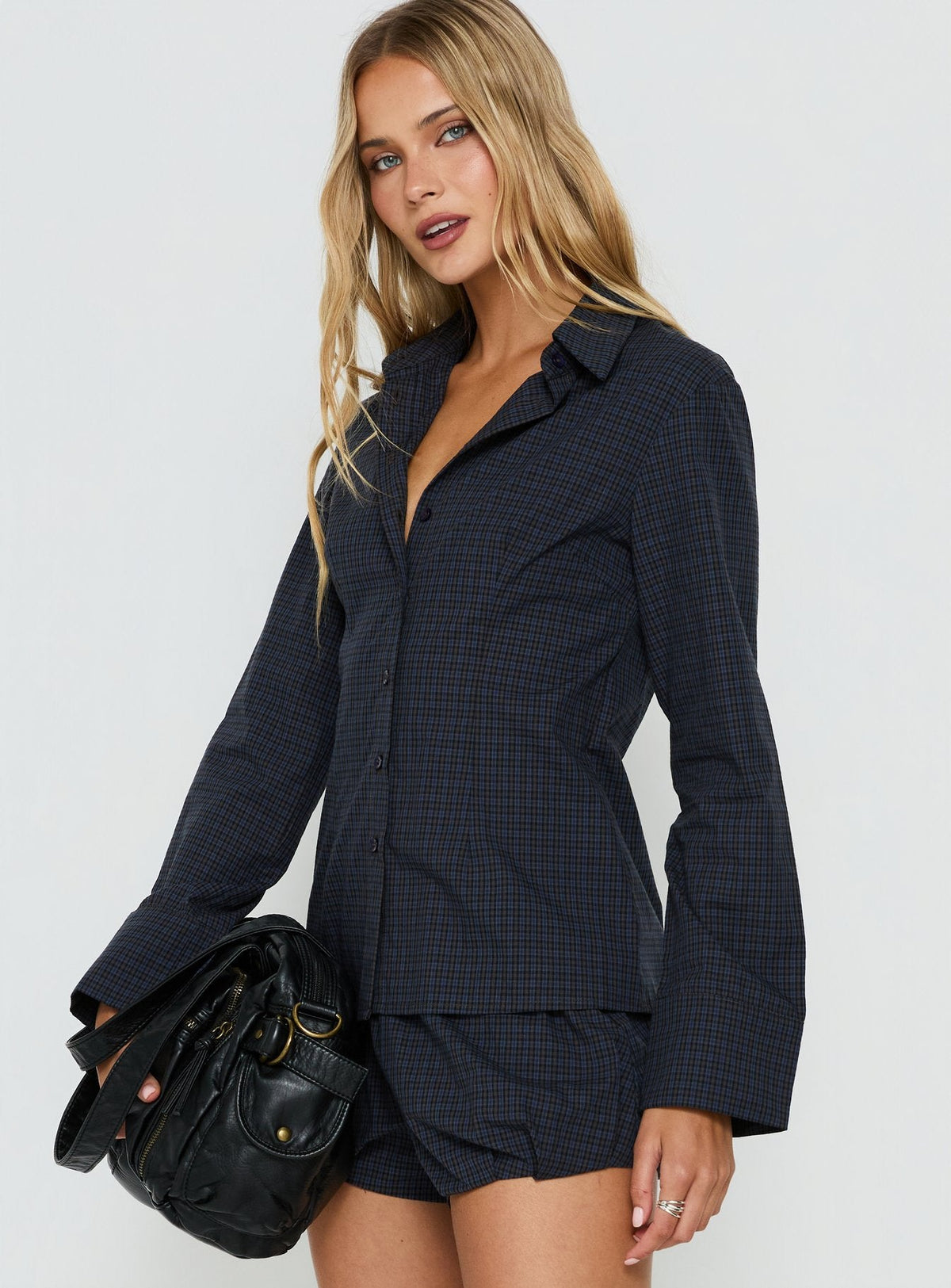 Amorah Cinched Longline Shirt Navy Check