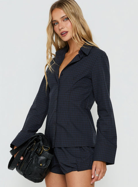 Amorah Cinched Longline Shirt Navy Check