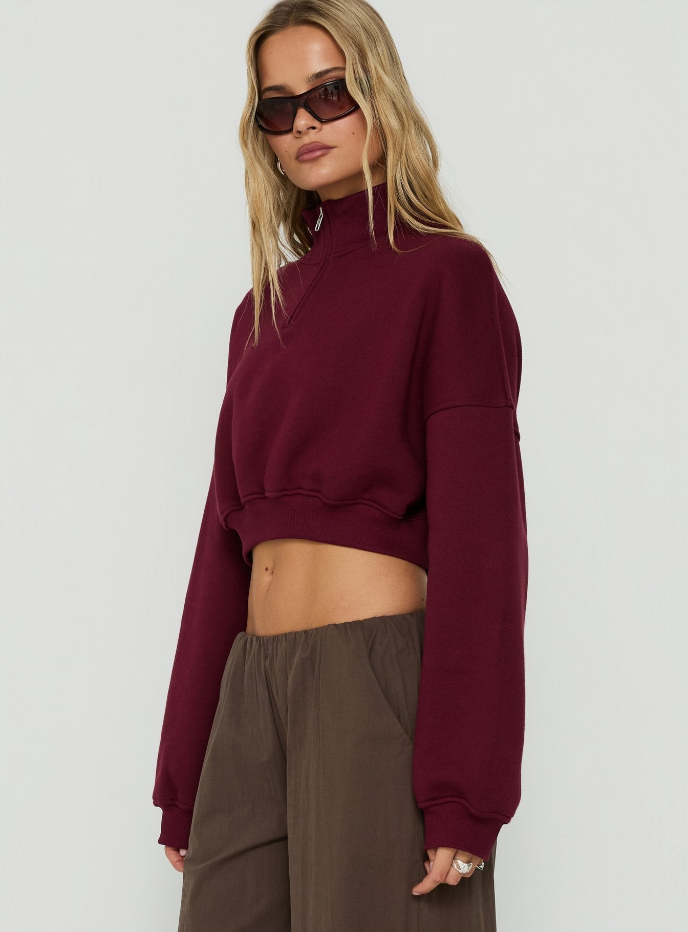 Astridd 3/4 Zip Cropped Jumper Cherry