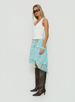 Ophella Tie Waist Chiffon Midi Skirt Aqua Check