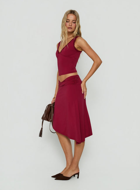 Phoebella Asymmetrical Midi Skirt Burgundy