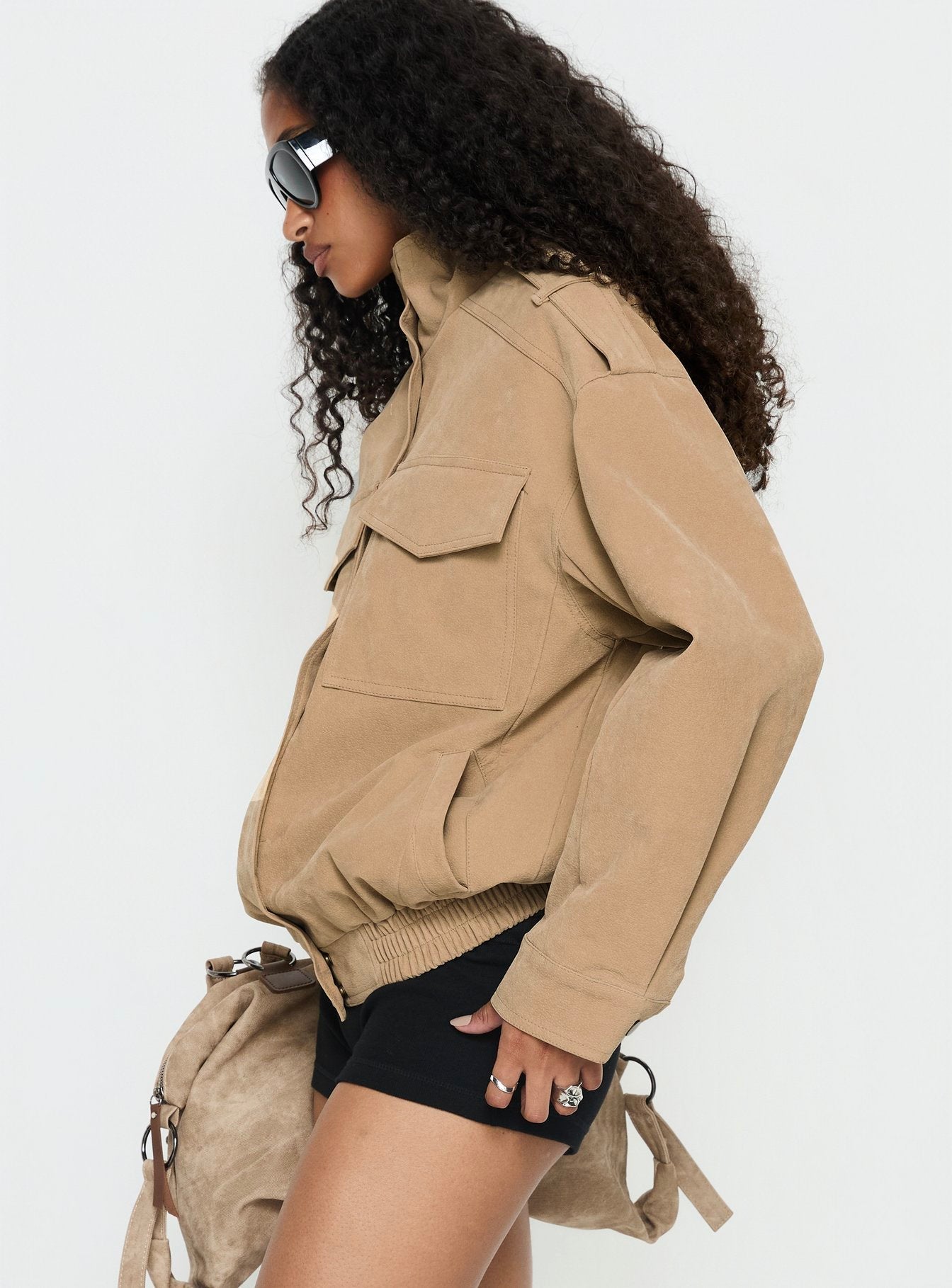Double Life Funnel Neck Cargo Jacket Beige
