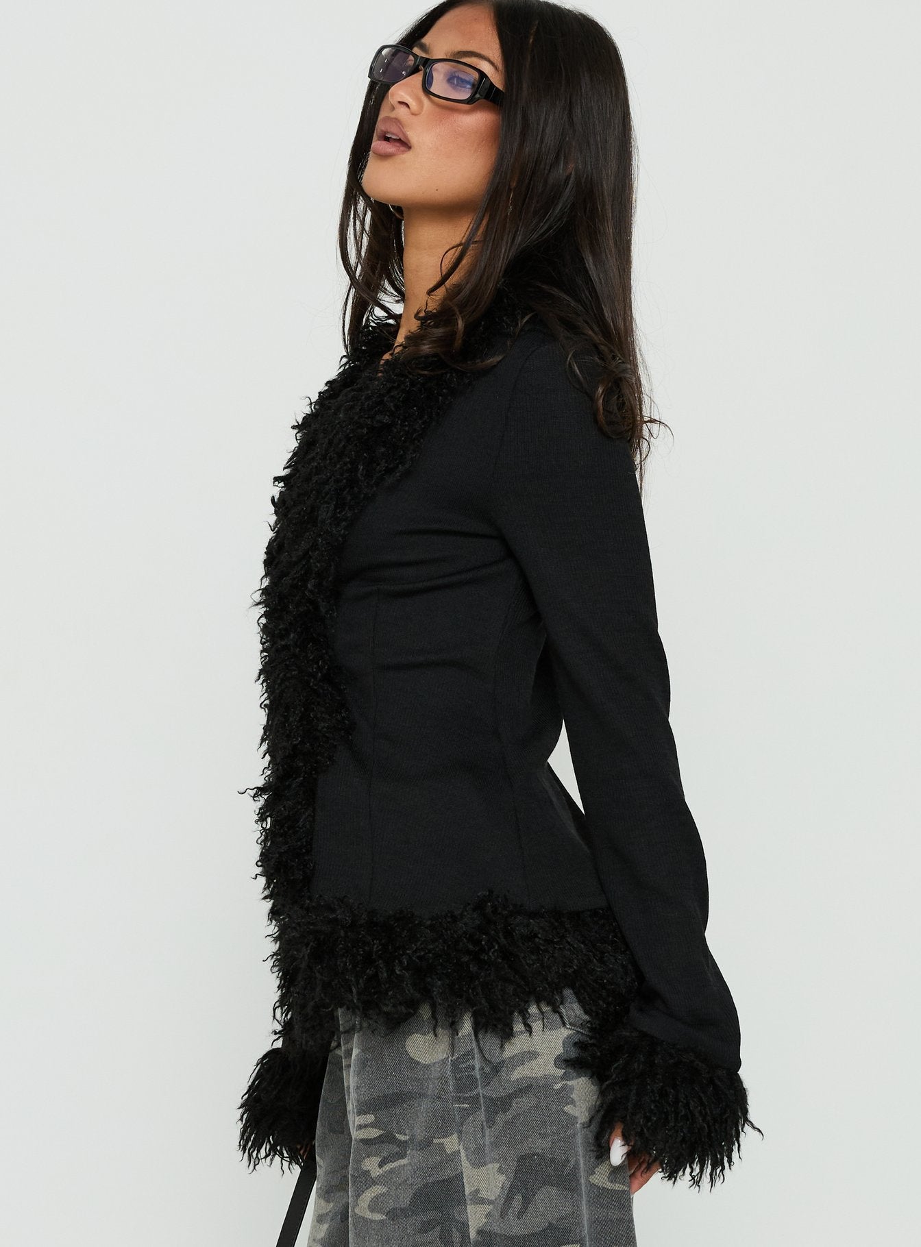 Brynlie Faux Fur Trim Boxy Cardigan Black
