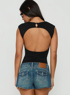 Designed with the Fabienna Scoop Neck Cap Sleeve Bodysuit in black featuring short sleeves back view of model wearing Princess Polly
