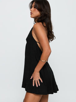 side view of model wearing Princess Polly Daydreams Linen Blend Halter Mini Dress Black Scoop Neck 