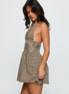 side view of model wearing Princess Polly Juanette Halter Mini Dress Brown Check Plunger 