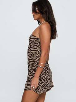 side view of model wearing Princess Polly Wildling Strapless Mini Dress Multi Straight Neck 