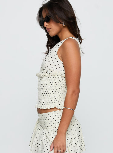 Roxee Ruched Linen Blend Top Cream Polka