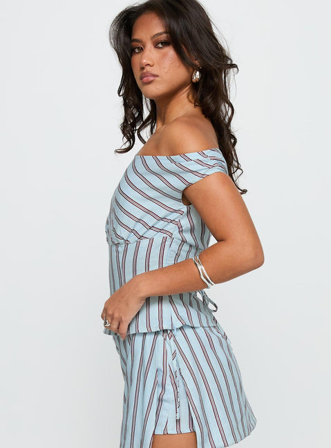 side view of model wearing Princess Polly Del Rio Off The Shoulder Top Blue / Maroon Short Sleeves Asymmetric Neckline 