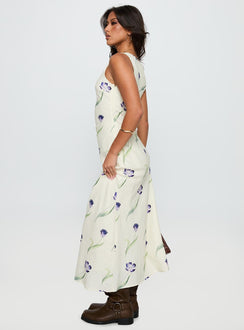 back view of model wearing Princess Polly Jessabelle Linen Blend Midi Dress Cream Floral Scoop Neck 