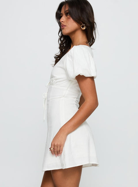 side view of model wearing Princess Polly Beloved Puff Sleeve Linen Blend Mini Dress White Plunger 