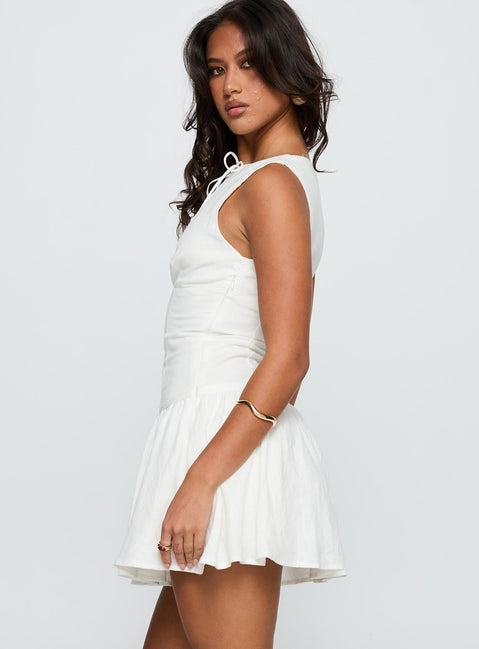 side view of model wearing Princess Polly Alissea Keyhole Linen Blend Mini Dress White Crew Neck 
