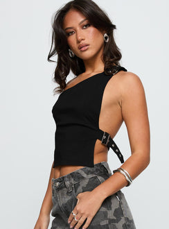 side view of model wearing Princess Polly Buckled Down One Shoulder Top Black Sleeveless Asymmetric Neckline 