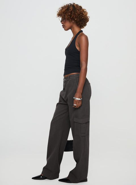 side view of model wearing Princess Polly Pawley Cargo Pants Slate High Waisted Pants 