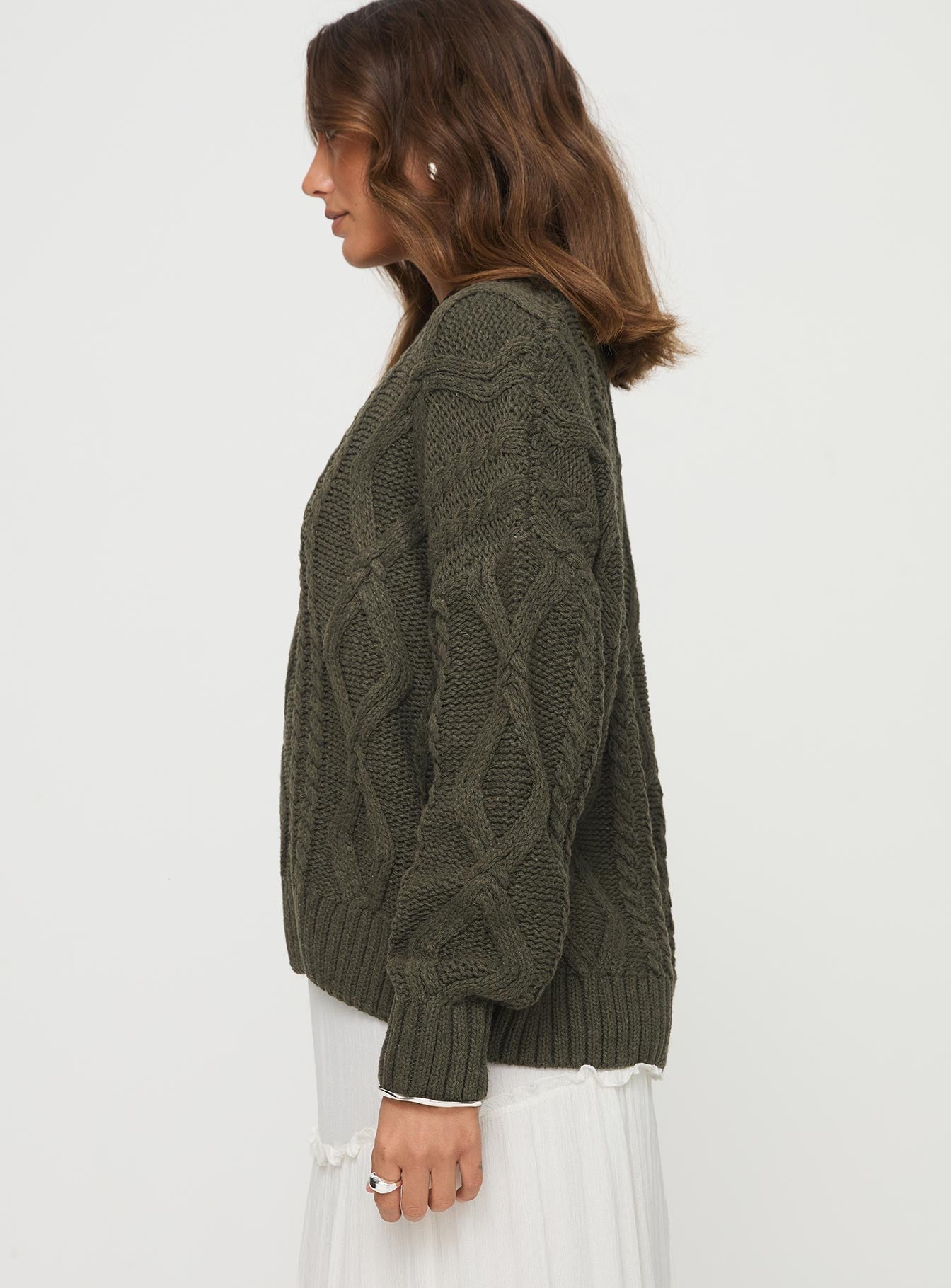 side view of model wearing Princess Polly Anaya Oversized Sweater Olive 