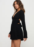 Long sleeve playsuit Plunging neckline, flared sleeves, tie fastening at back Good stretch, fully lined 
