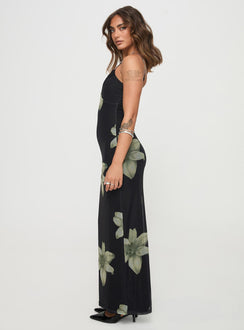 side view of model wearing Princess Polly Stardrop Maxi Dress Black Floral V-Neck 