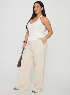 side view of model wearing Princess Polly Irresistible Wide Leg Pant Cream Curve High Waisted Pants 