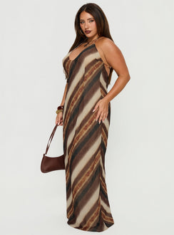 Esmira Halter Maxi Dress Brown Stripe Curve