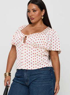 Adrienna Flutter Blouse White / Red Curve