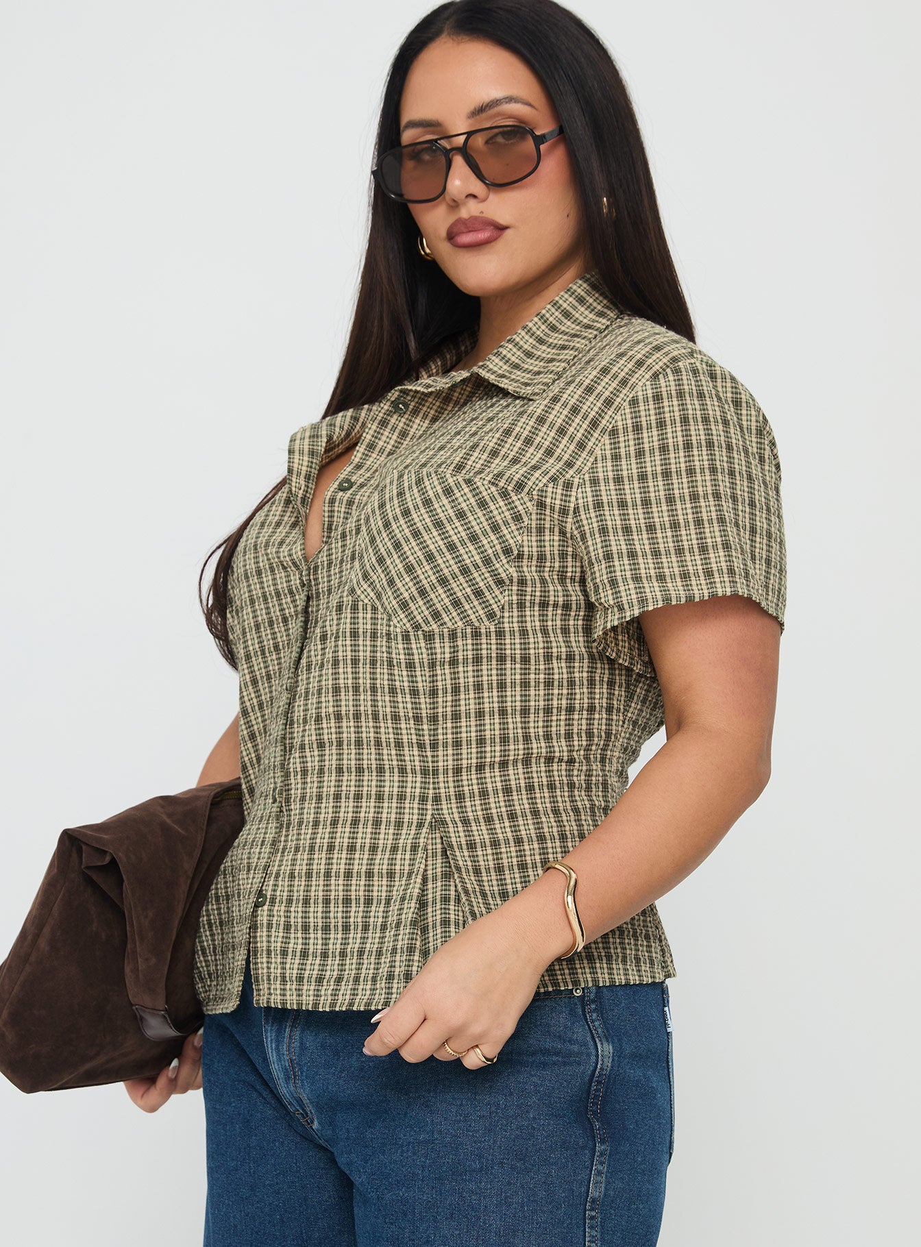 Alma Mater Top Green Check Curve