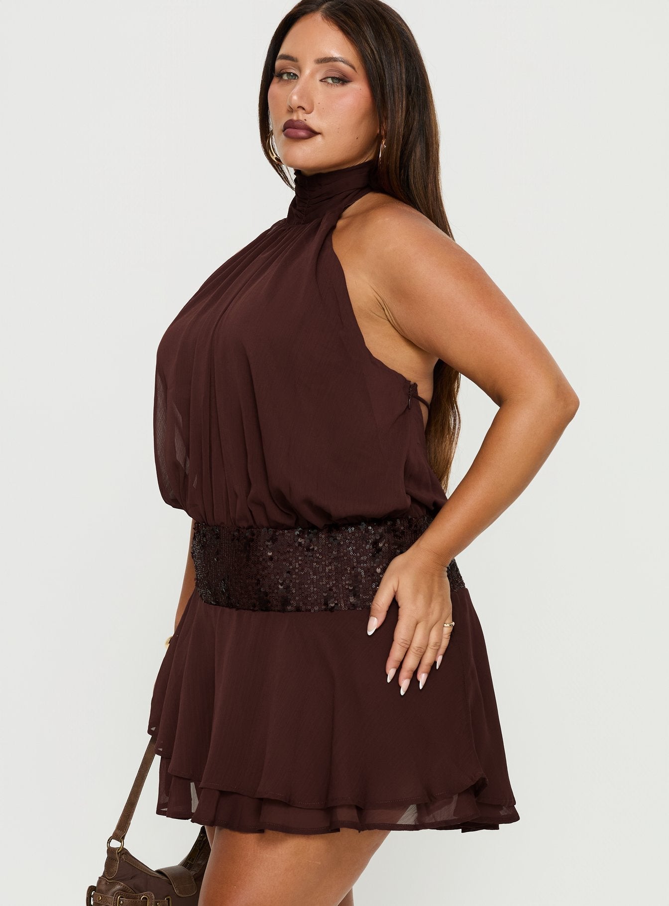 Zenayda Drop Waist Sequin Mini Dress Brown Curve