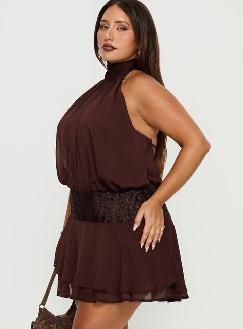 Zenayda Drop Waist Sequin Mini Dress Brown Curve