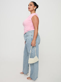 side view of model wearing Princess Polly Fawcett High Rise Straight Leg Jeans Light Blue Wash Curve High Rise Jeans Jeans 