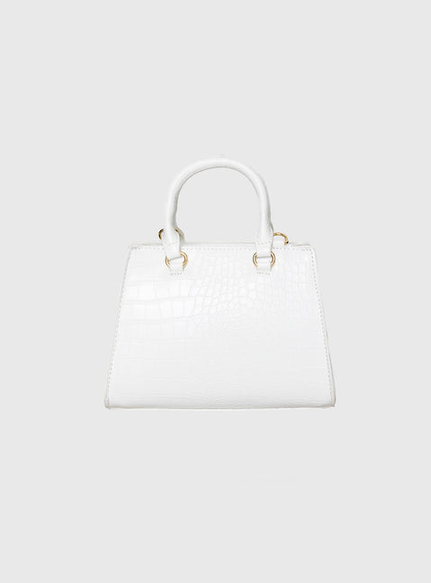 Crossbody Bag  Faux croc leather exterior, fixed handles, gold-toned hardware, one pocket exterior and one pocket interior, extra long adjustable strap-detachable Zip fastenings