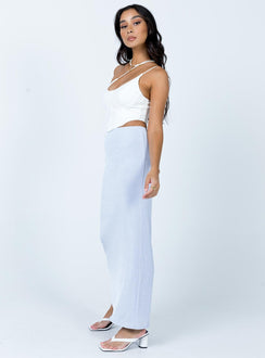   side view of model wearing Princess Polly Harriette Maxi Skirt Light Blue 