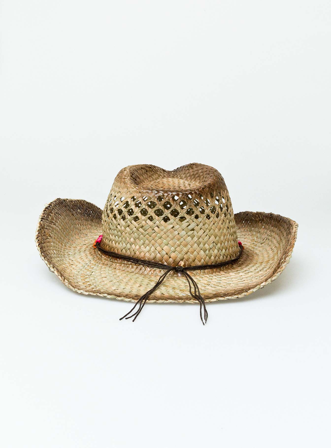 Cowboy hat Woven straw Curved wide brim  Internal adjustable drawstring Mouldable brim shape Bead detail