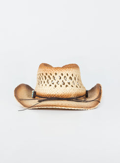 Cowboy hat Woven straw Curved wide brim  Internal adjustable drawstring Mouldable brim shape Bead detail