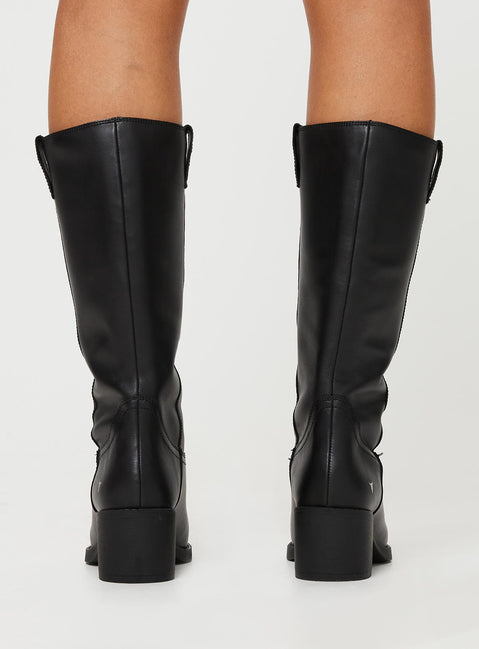 Knee high boots Western style, block heel, point toe, padded footbed, pull tabs at leg