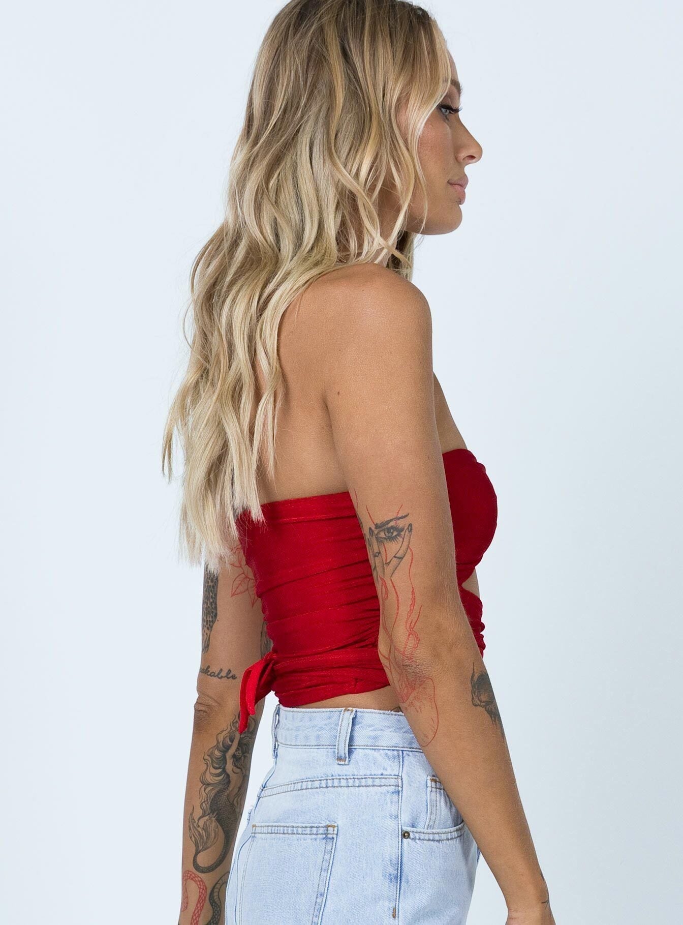 back view of model wearing Princess Polly Loriella Ring Detail Crop Top Red 