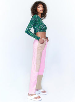 side view of model wearing Princess Polly Kaisha Denim Jeans Pink Mid Rise 