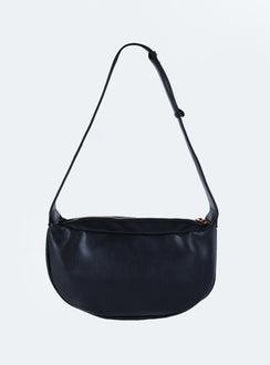 Black shoulder bag Faux leather material Adjustable shoulder strap Zip fastening  Gold toned hardware Flat base