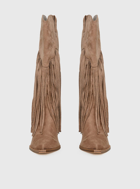 Like An Angel Faux Suede Tassel Knee High Boots Tan