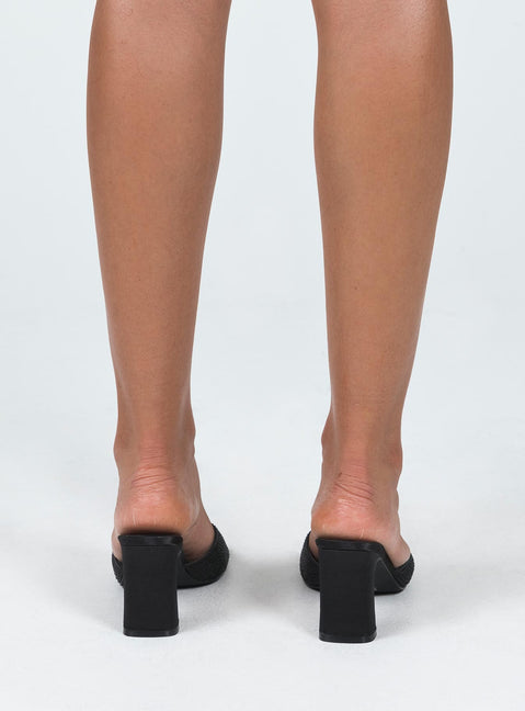 Heels Silky material Diamante detail Single wide upper Flared block heel Squared toe