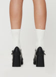 Faux leather loafer heels Single strap upper, silver-toned hardware, block heel, platform base, rounded toe