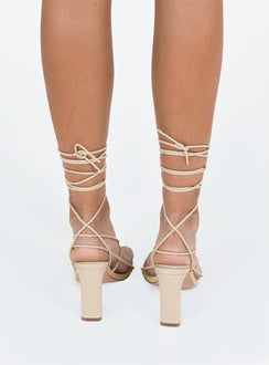 Heels Faux leather material Strappy upper Shaved block heel Square toe Ankle wrap fastening