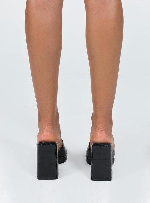 Heels Faux patent leather Croc print Single wide upper Square toe Platform base Block heel