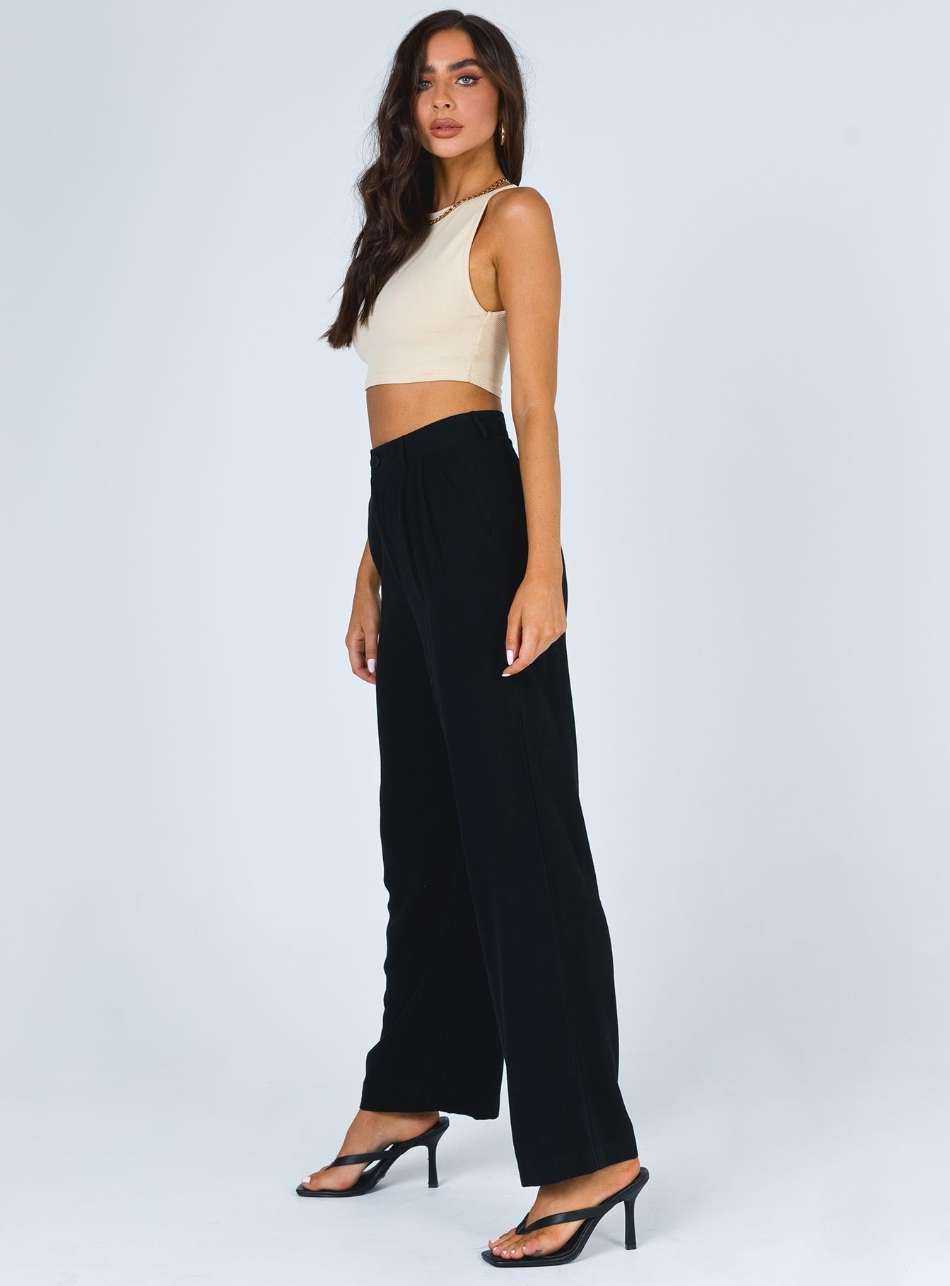 side view of model wearing Princess Polly Brenda Linen Blend Pants Black 