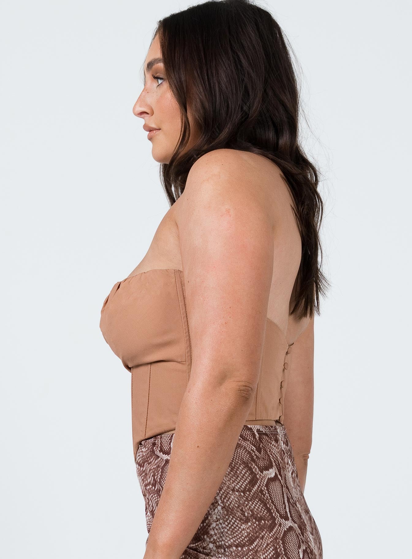 side view of model wearing Princess Polly Bad Gal Bustier Brown 
