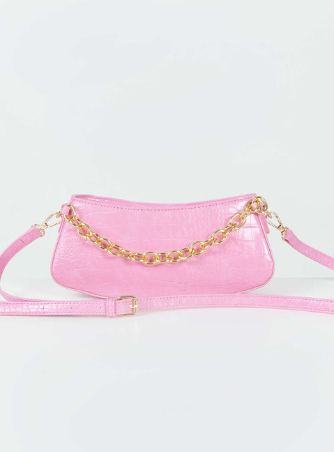 Shoulder bag Faux croc leather material  Zip fastening  Adjustable & removable crossbody strap  Fixed shoulder strap Gold-toned hardware Flat base 